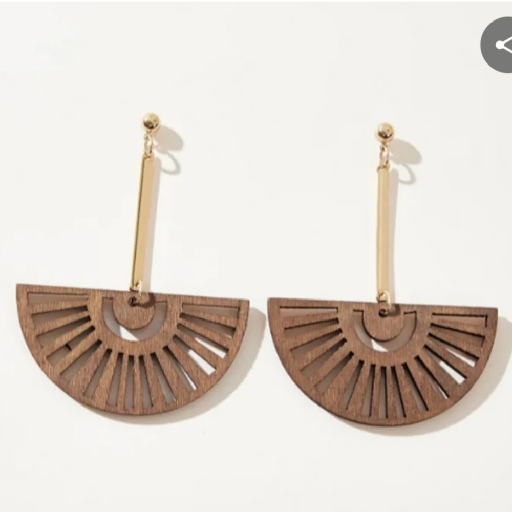 Wood Fan Earrings Boho Metal Bar Drops From Post Backing - Picture 4 of 10